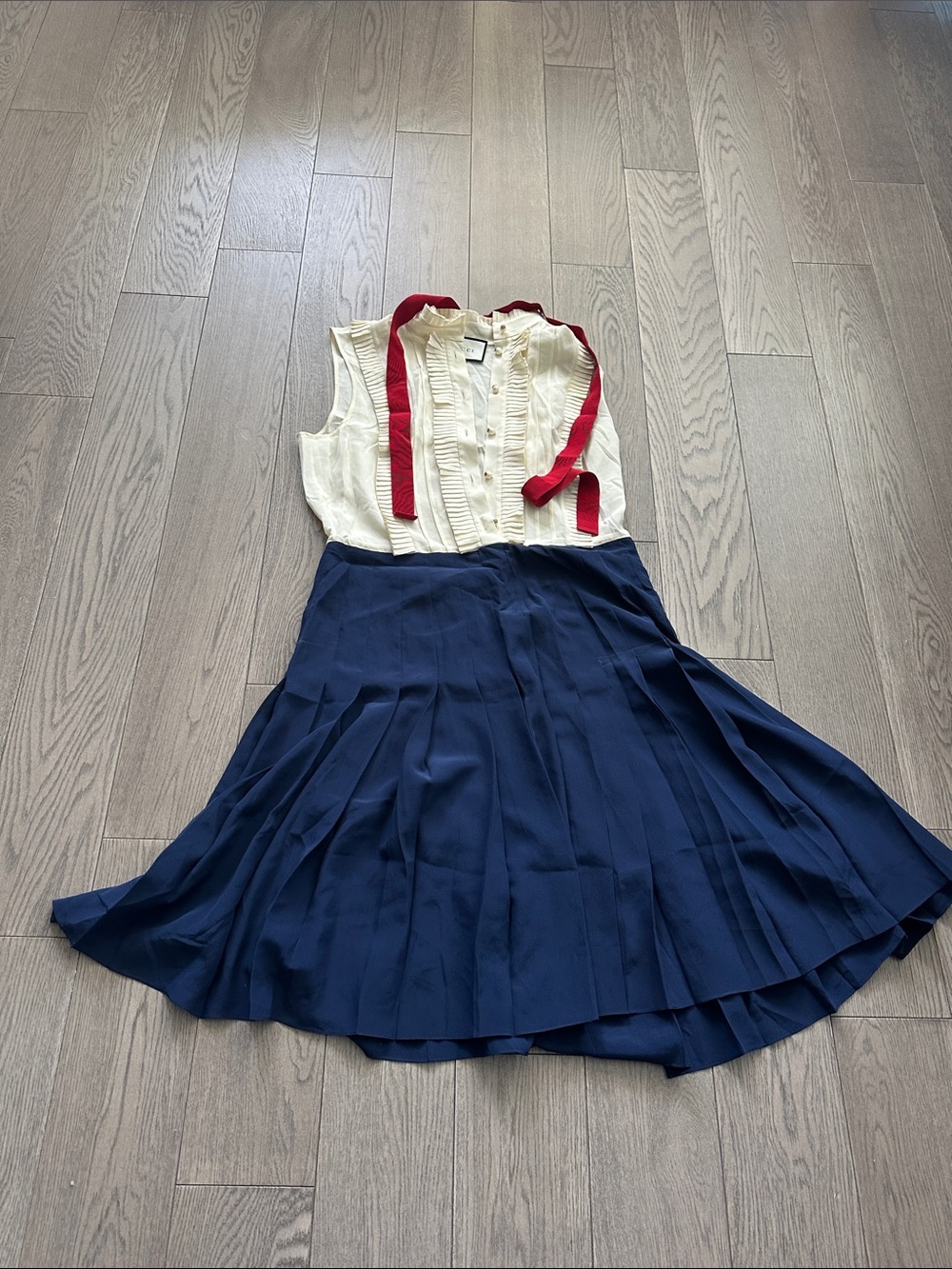 Gucci Navy Pleated Skirt Dress with Ivory Ruffled Bodice and Red Ribbon
